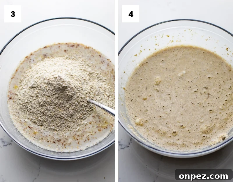 step by step photos showing how to make oatmeal banana pancakes.