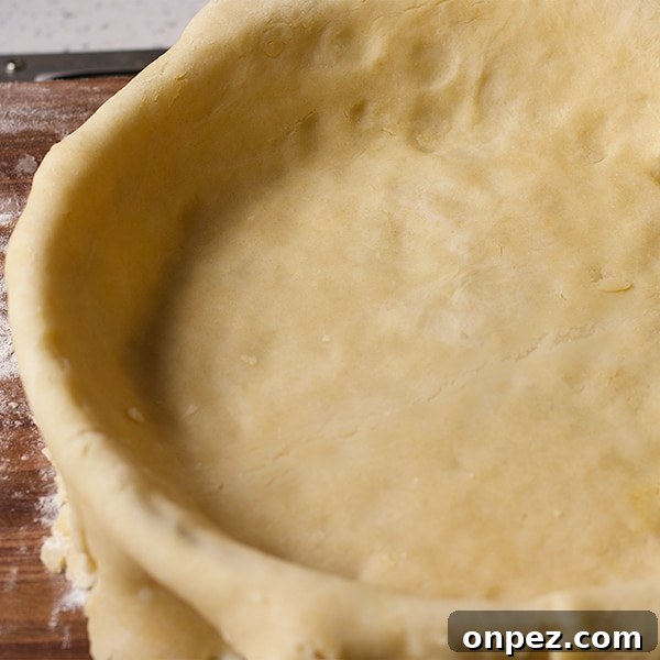 Pie crust dough fitted into a pie plate before the edges are trimmed.