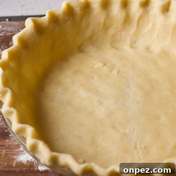 The bottom pie crust, fitted into a pie plate and ready to bake.