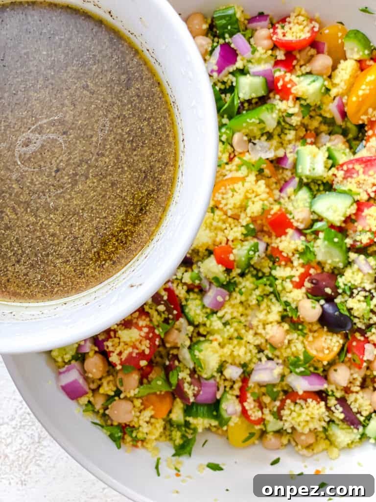 process shot of adding dressing to bowl