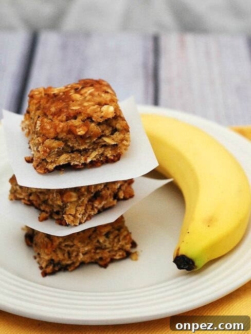 Banana Oatmeal Breakfast Bars 2 Tender banana-oatmeal squares made with one overripe banana