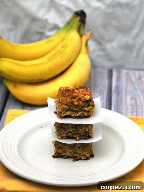 Banana Oatmeal Breakfast Bars 4 Homemade banana-oatmeal squares cut into snack-size pieces