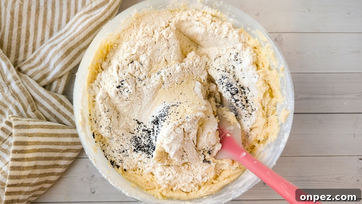 Lemon Poppy Seed Cookies with Bright Zesty Flavor 5 flour and poppy seeds being stirred into a cookie dough.