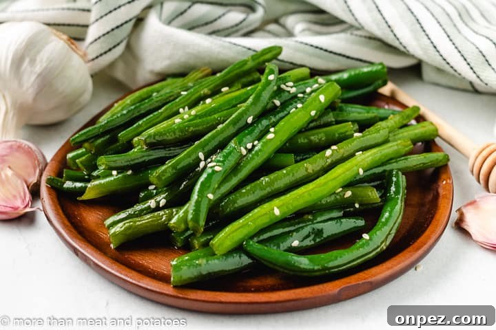 Honey Garlic Glazed Green Beans 2 Honey Garlic Green Beans with sesame seeds.