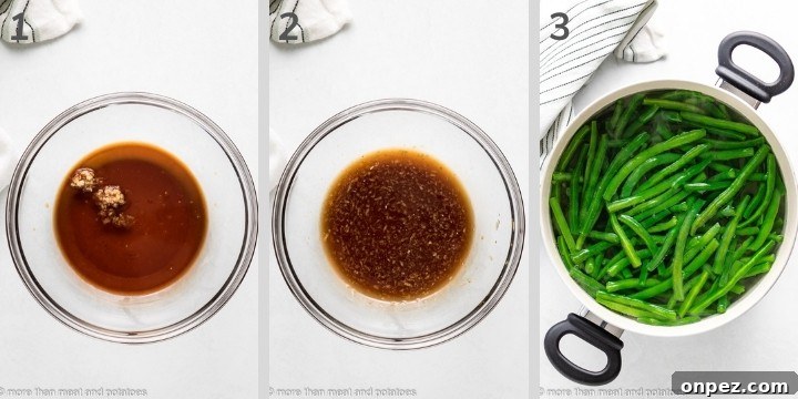 Honey Garlic Glazed Green Beans 3 Three photos showing how to make honey garlic sauce.