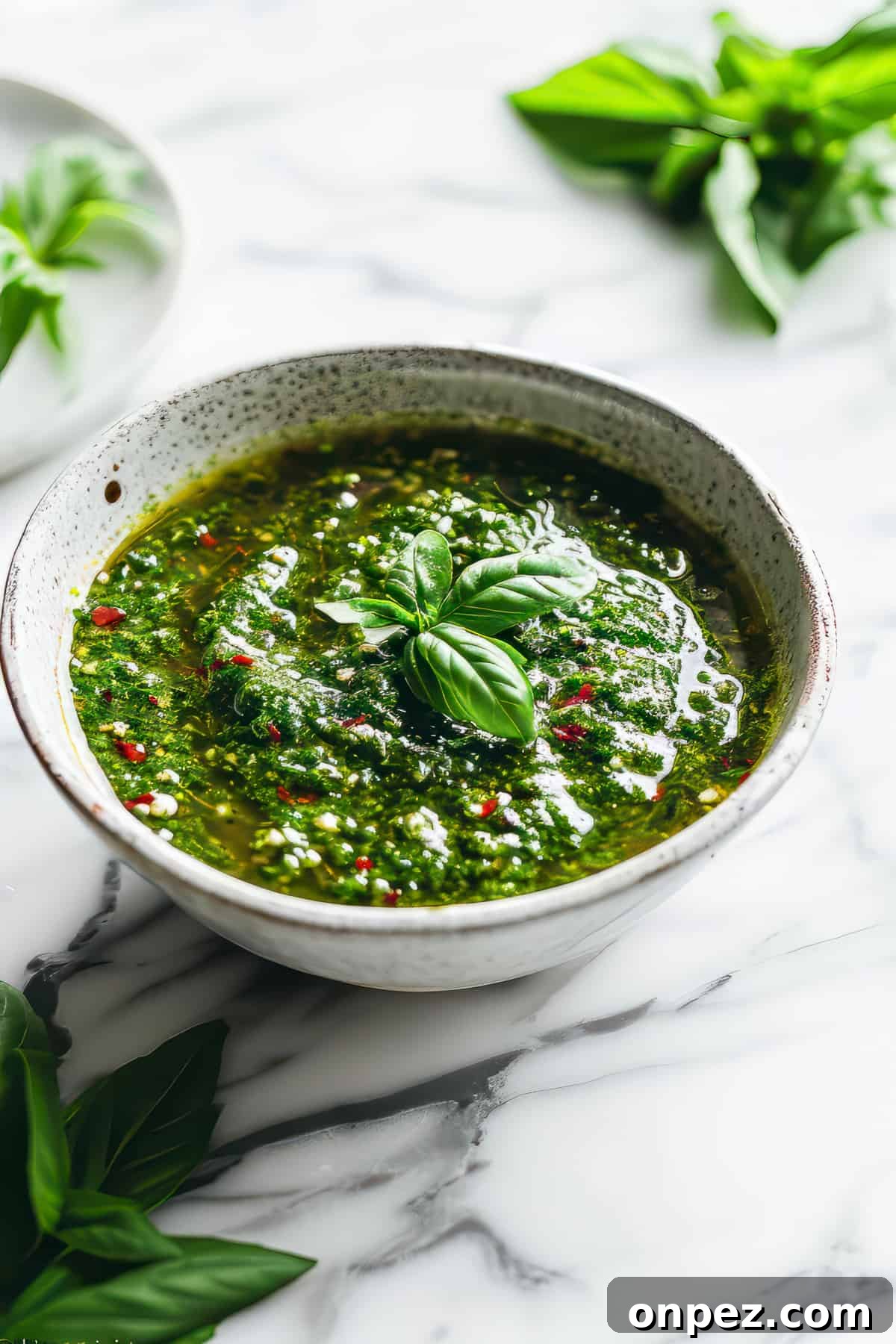 Chimichurri sauce in a white bowl with chili flakes.
