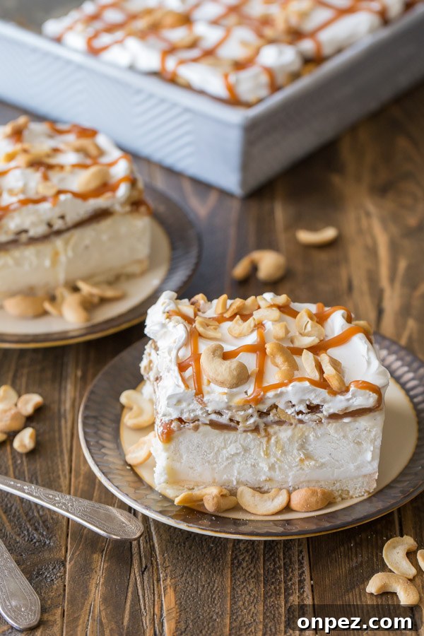 Homemade Caramel Cashew Ice Cream Recipe 2 Two Caramel Cashew Ice Cream Dessert square servings on plates, with the rest of the pan of dessert in the background.