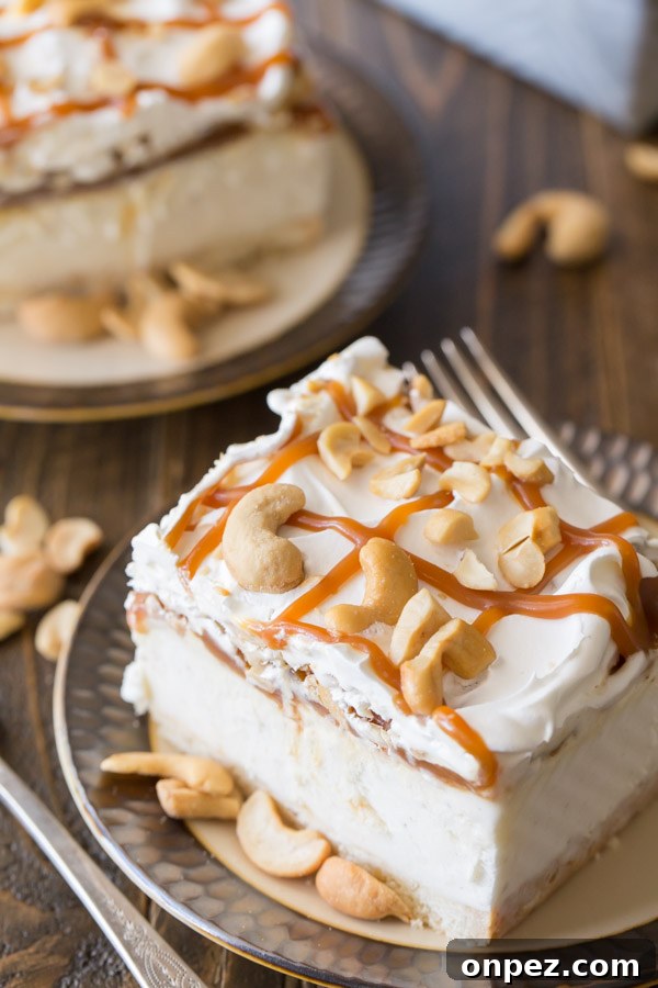 Homemade Caramel Cashew Ice Cream Recipe 5 Caramel Cashew Ice Cream Dessert square serving on a plate with a fork.