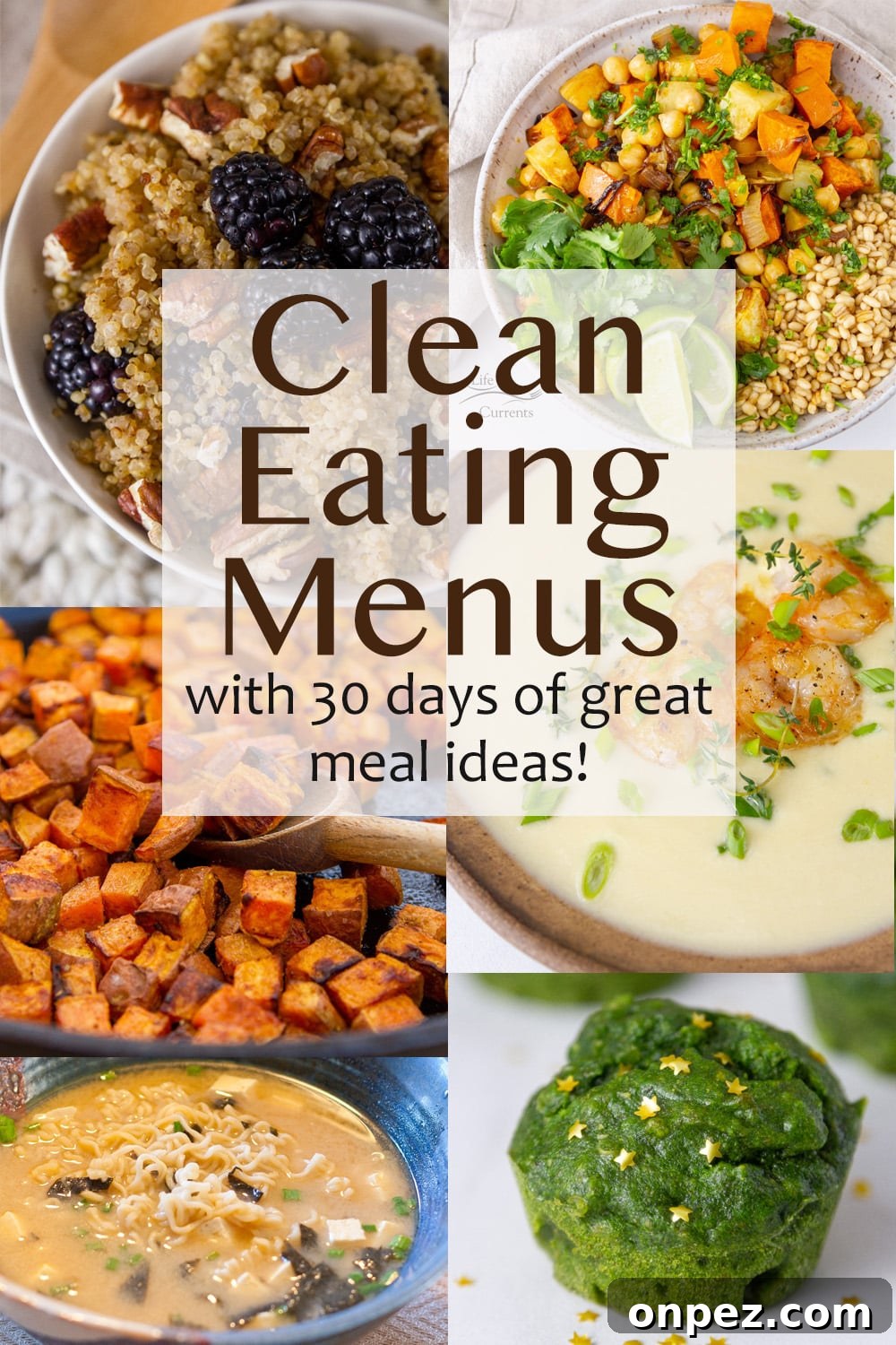 Clean Eating Menus collage with 6 images of food.