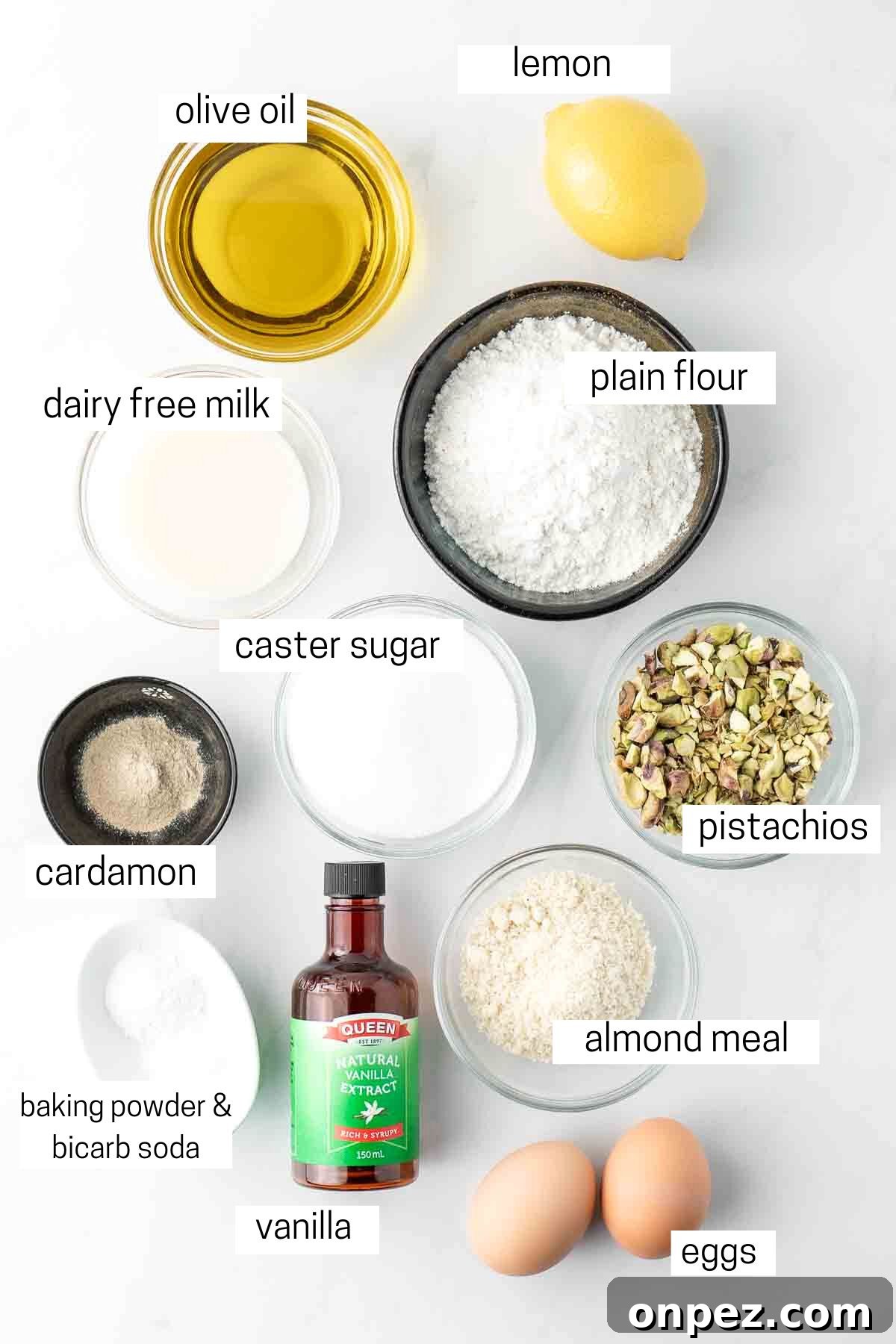Lemon Pistachio Loaf Cake with Cardamom 4 Ingredients laid out