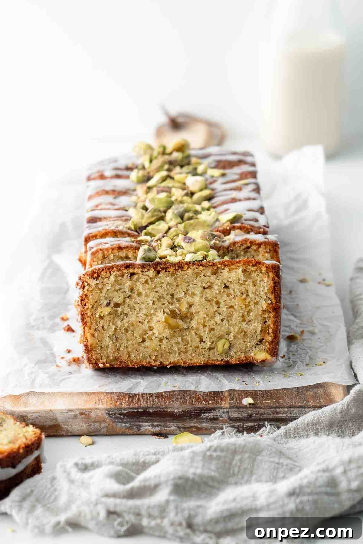 Lemon Pistachio Loaf Cake with Cardamom 5 Loaf cake ready to glaze