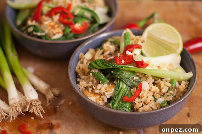 Thai fried rice with tofu beans pak choi lime and chilli