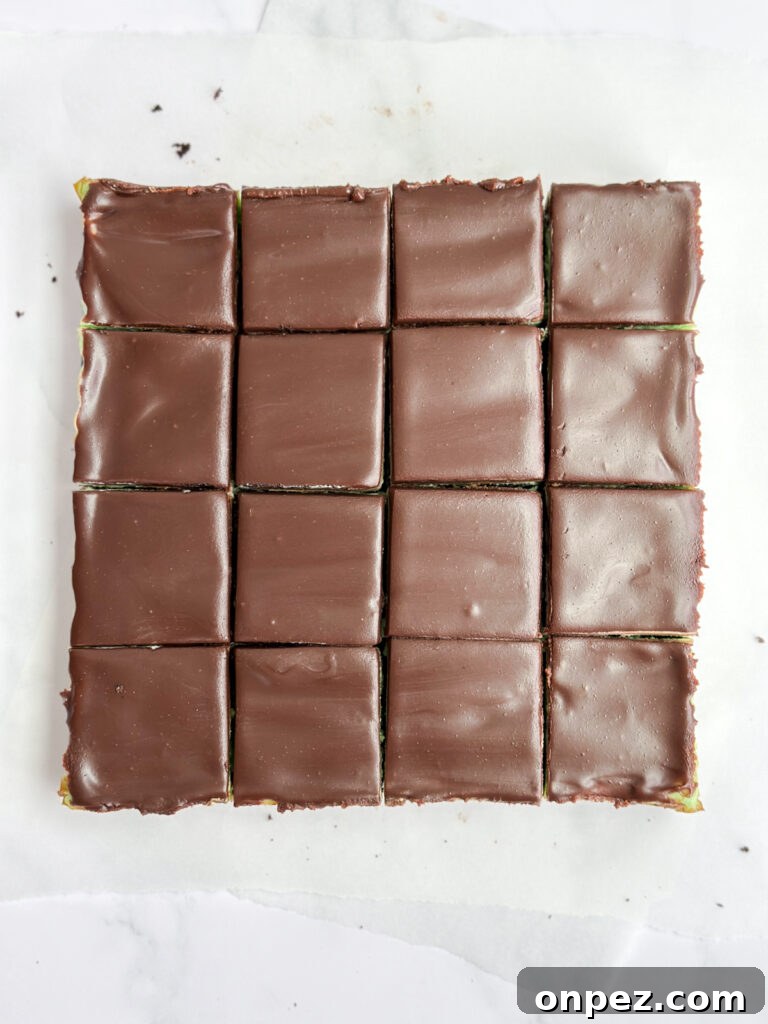 Decadent Chocolate Mint Cheesecake Bars 13 cut up chocolate mint cheesecake bars after they firmed up.