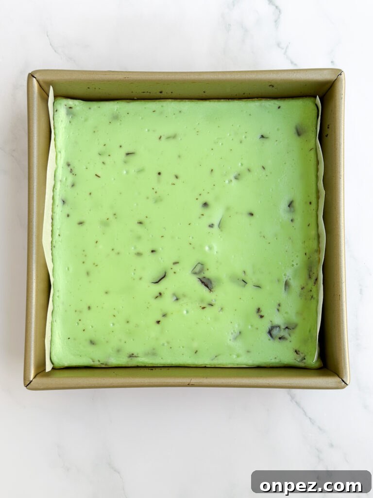 Decadent Chocolate Mint Cheesecake Bars 10 cheesecake after baking.