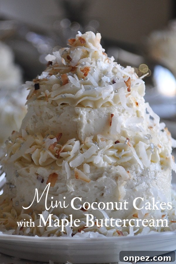 Mini Coconut Cakes with Maple Coconut Italian Meringue 2 A mini Coconut Layer Cake frosted with Maple Italian Meringue Buttercream.