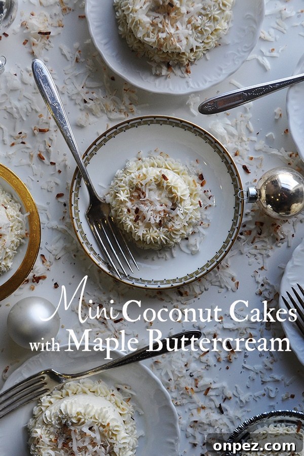 Mini Coconut Cakes with Maple Coconut Italian Meringue 9 Several plates of mini coconut cakes with maple Italian meringue buttercream.