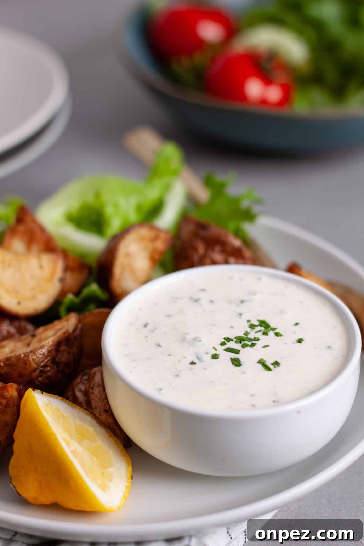 Creamy Horseradish Aioli Recipe for Roasts & Sandwiches 2 A small bowl with horseradish aioli topped with fresh chives on a plate with crispy fried potatoes.