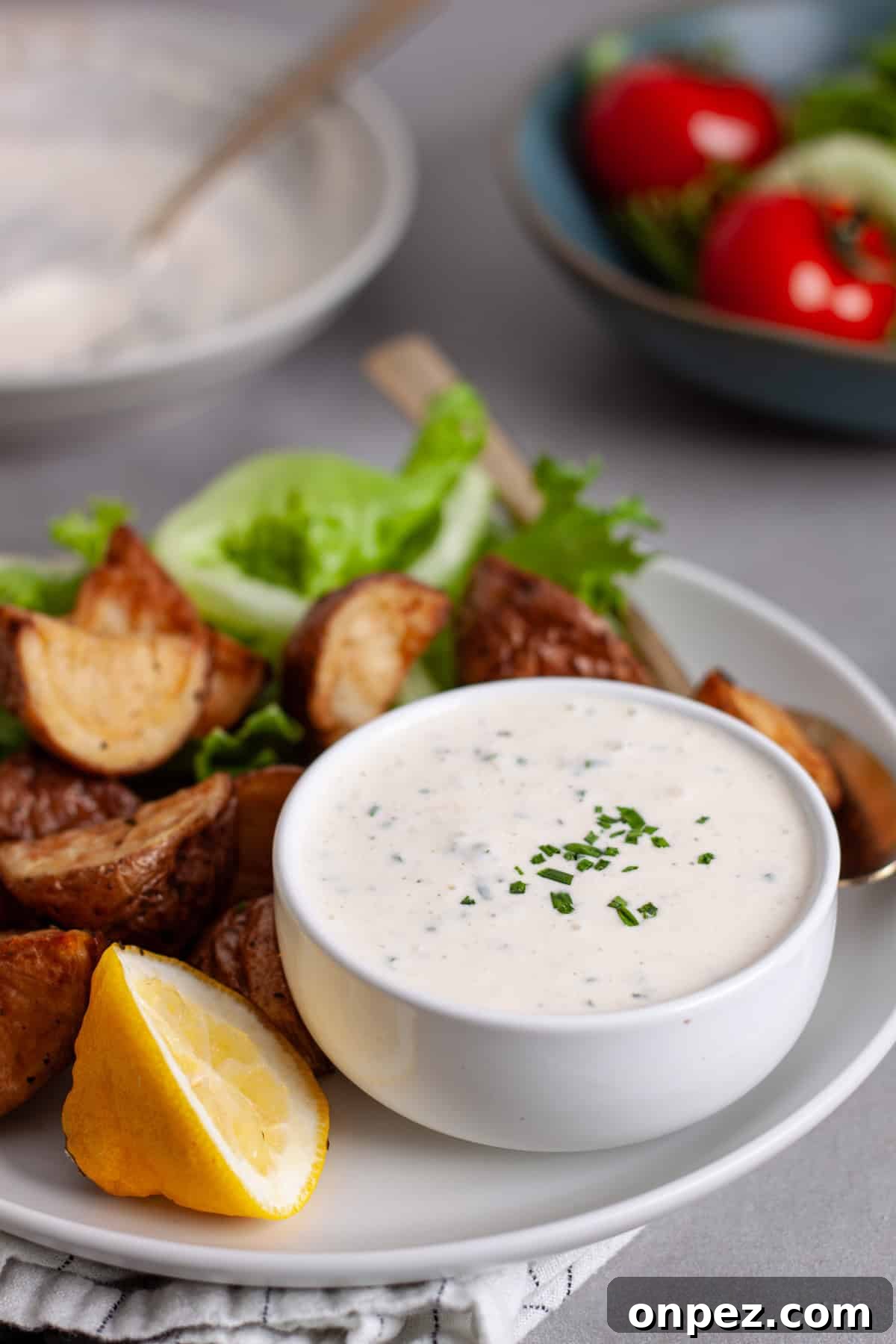 Creamy Horseradish Aioli Recipe for Roasts & Sandwiches 7 A closeup of horseradish aioli in a small bowl on a platter of crispy roasted potatoes.