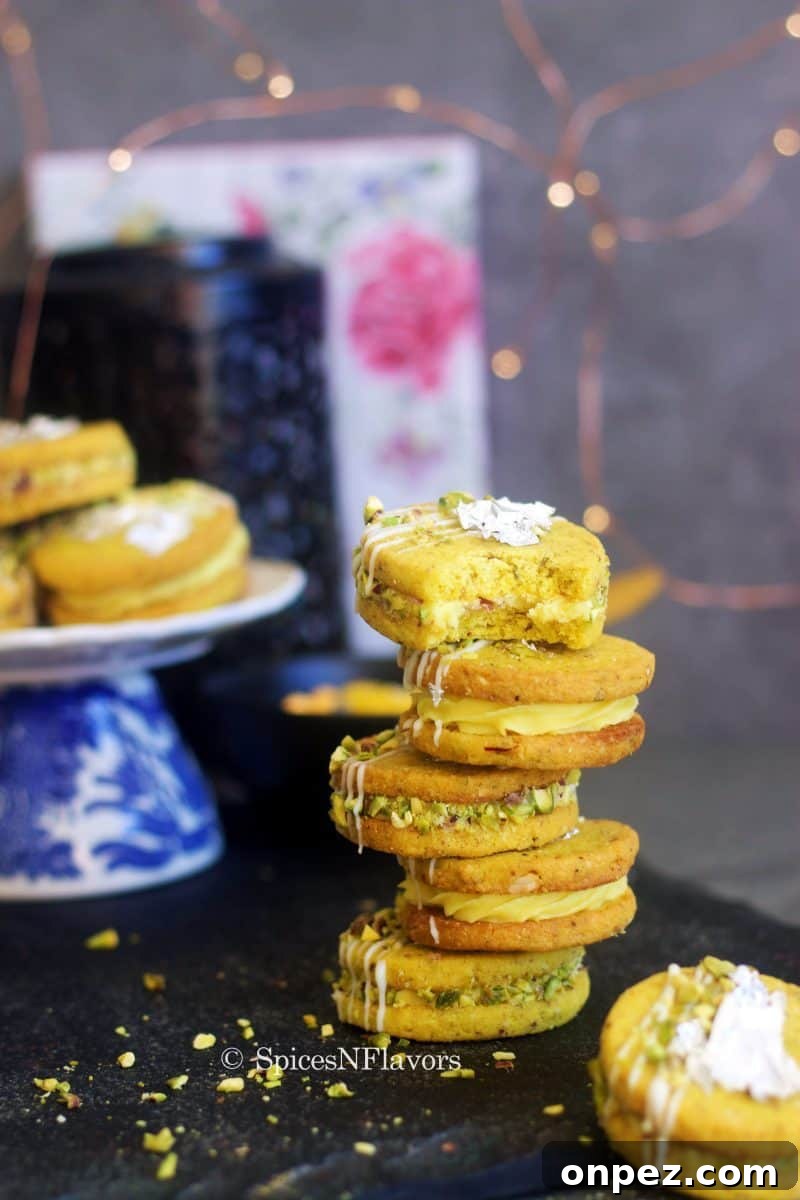 Eggless Rasmalai Cookies: Indian Milk Dessert Treats 8 rasmalai cookies stacked on top of each other with a half cookie showing the texture from within