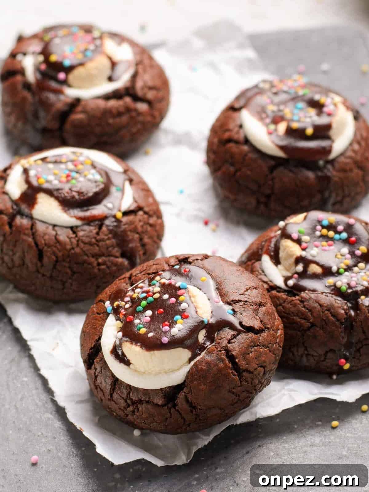 Hot Cocoa Cookies Recipe: Rich Chocolate Chip Cookies 2 up close hot chocolate cookies on parchment