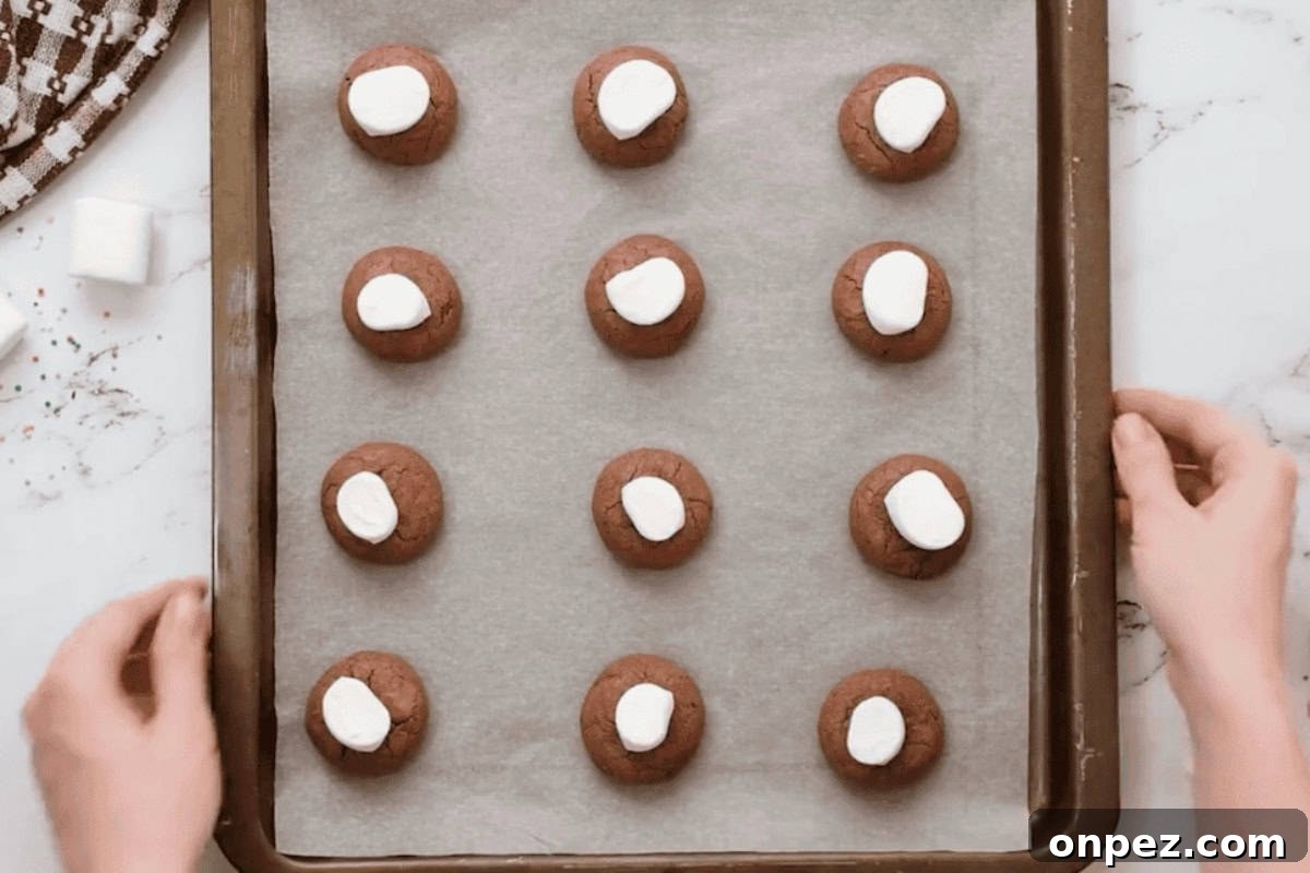 Hot Cocoa Cookies Recipe: Rich Chocolate Chip Cookies 10 baked hot chocolate cookies topped with marshmallows on a baking sheet.