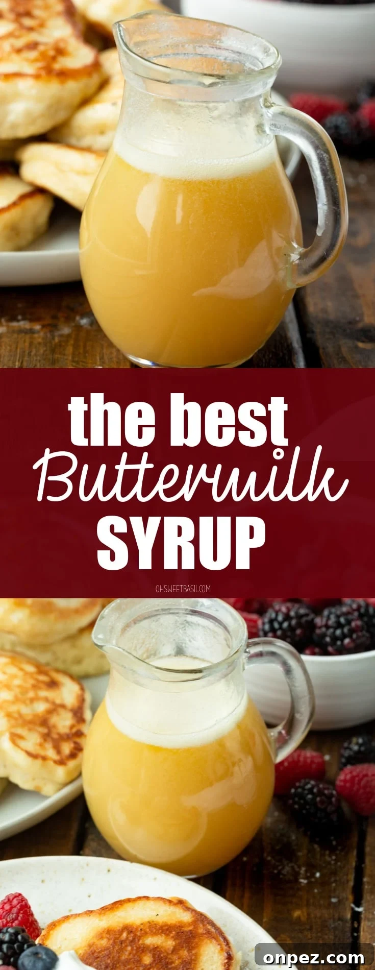 Classic Buttermilk Syrup Recipe for Pancakes and Waffles 8 a photo of a small glass pitcher of golden buttermilk syrup with a bowl of fresh berries and a plate of pancakes in the background.