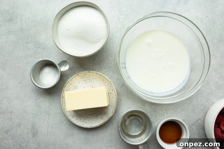 Classic Buttermilk Syrup Recipe for Pancakes and Waffles 3 a photo of all the ingredients in separate bowls needed for buttermilk syrup including white sugar, a stick of butter, vanilla, buttermilk, corn syrup and baking soda.