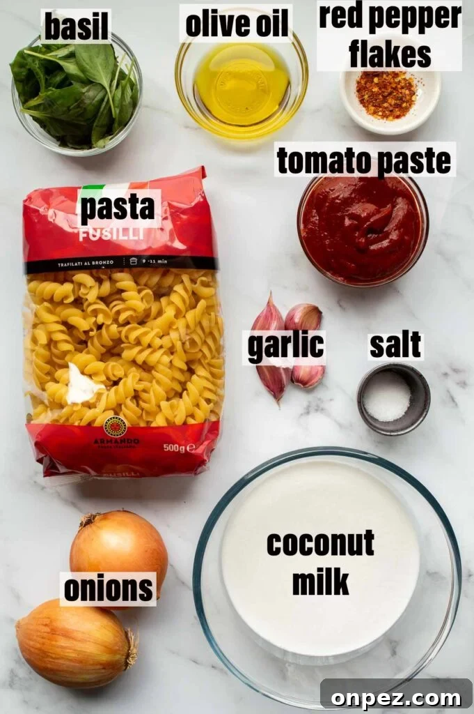 20-Minute Creamy Vegan Tomato Pasta 3 Labelled ingredients including basil, olive oil, red pepper flakes, tomato paste, pasta, garlic, salt, onions and coconut milk.
