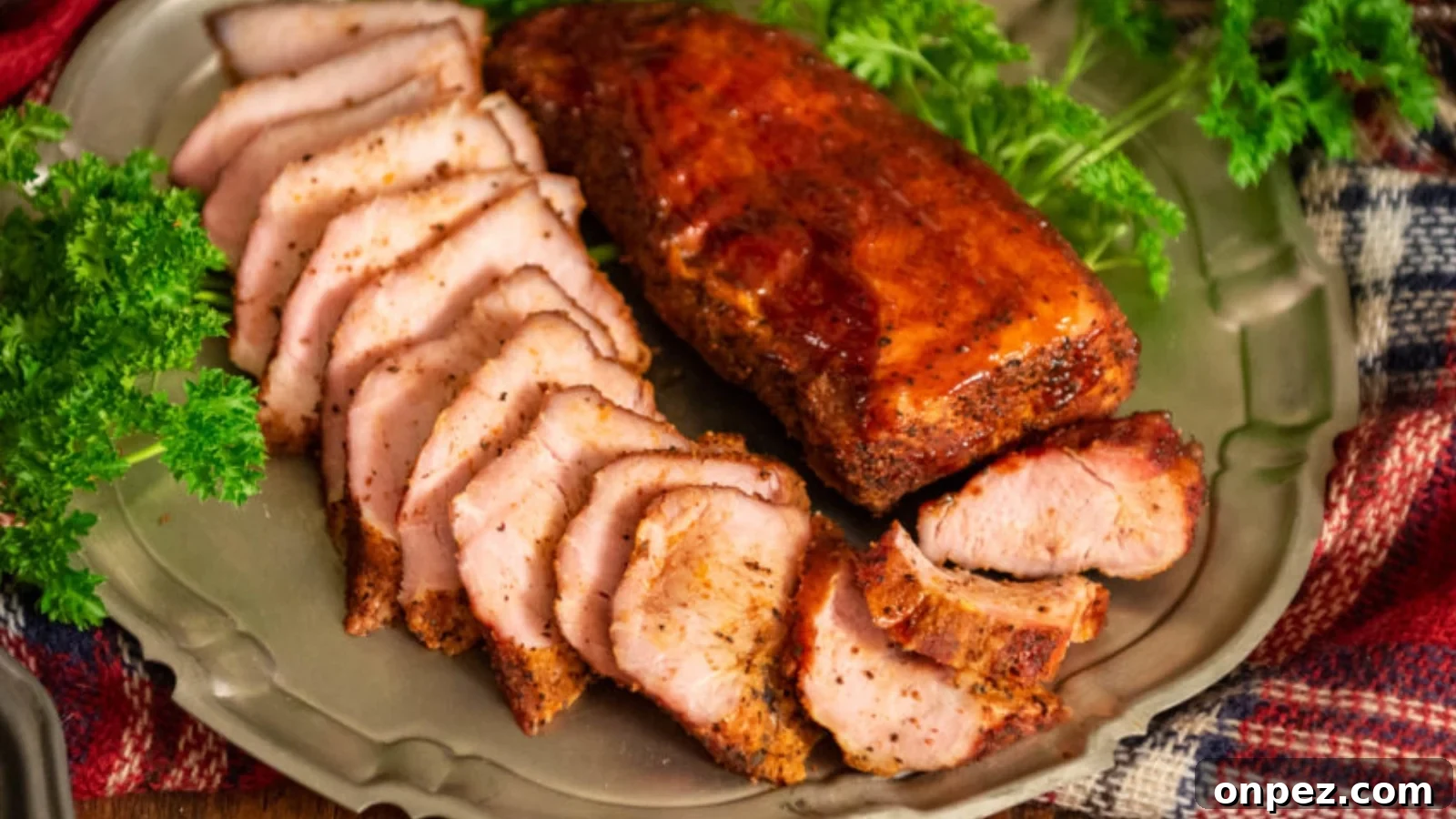 Smoked maple glazed pork tenderloin with a caramelized finish.