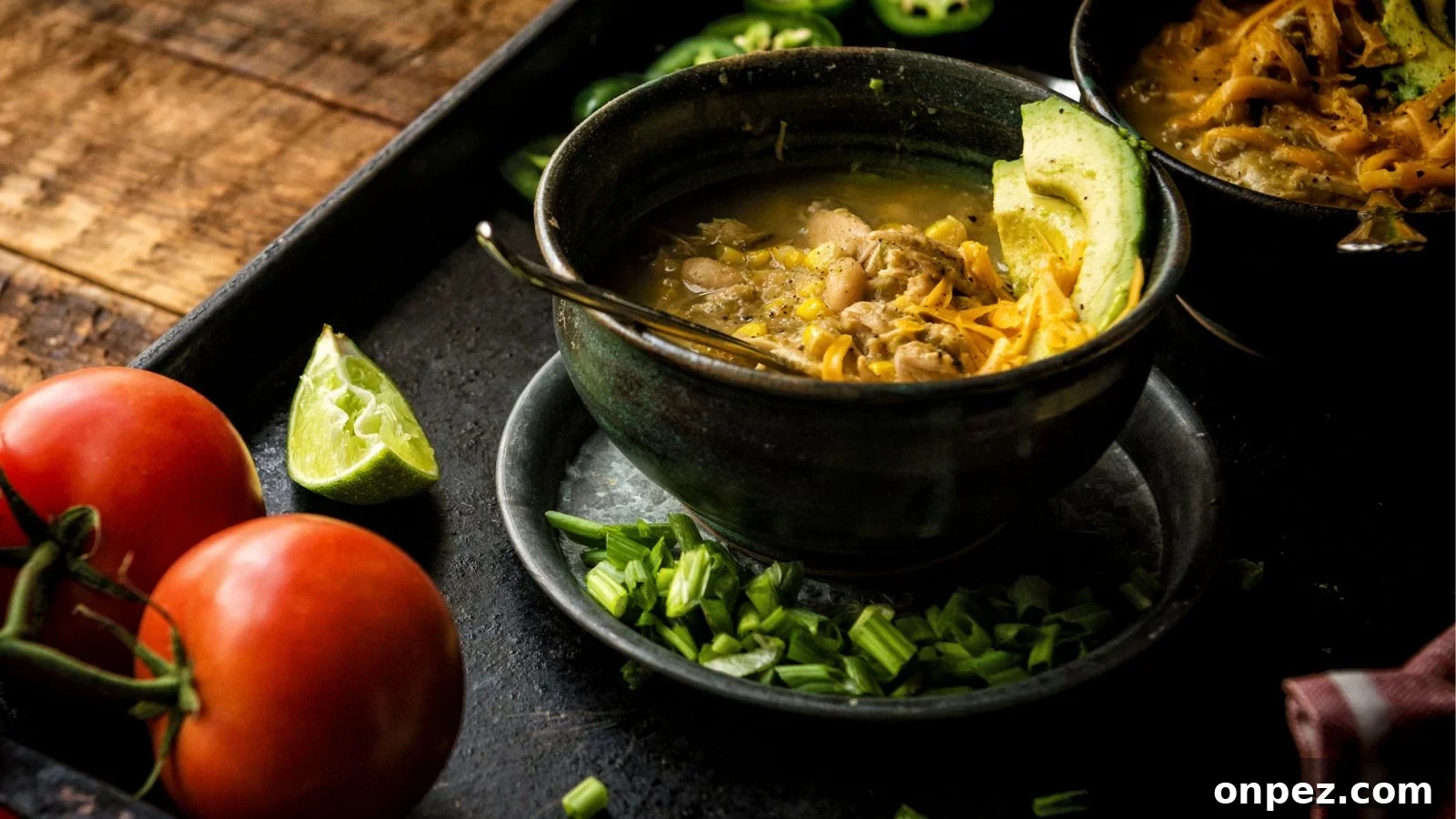 Creamy white chicken chili with tender chicken and mild heat.