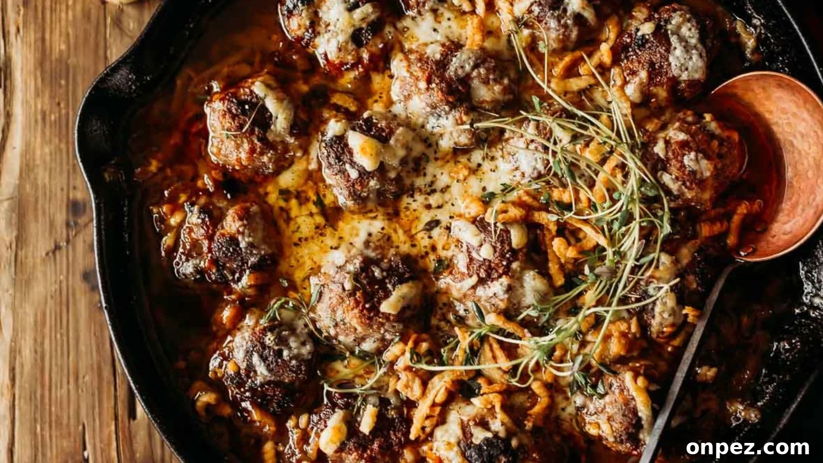 French onion meatballs cooked in a savory onion gravy.