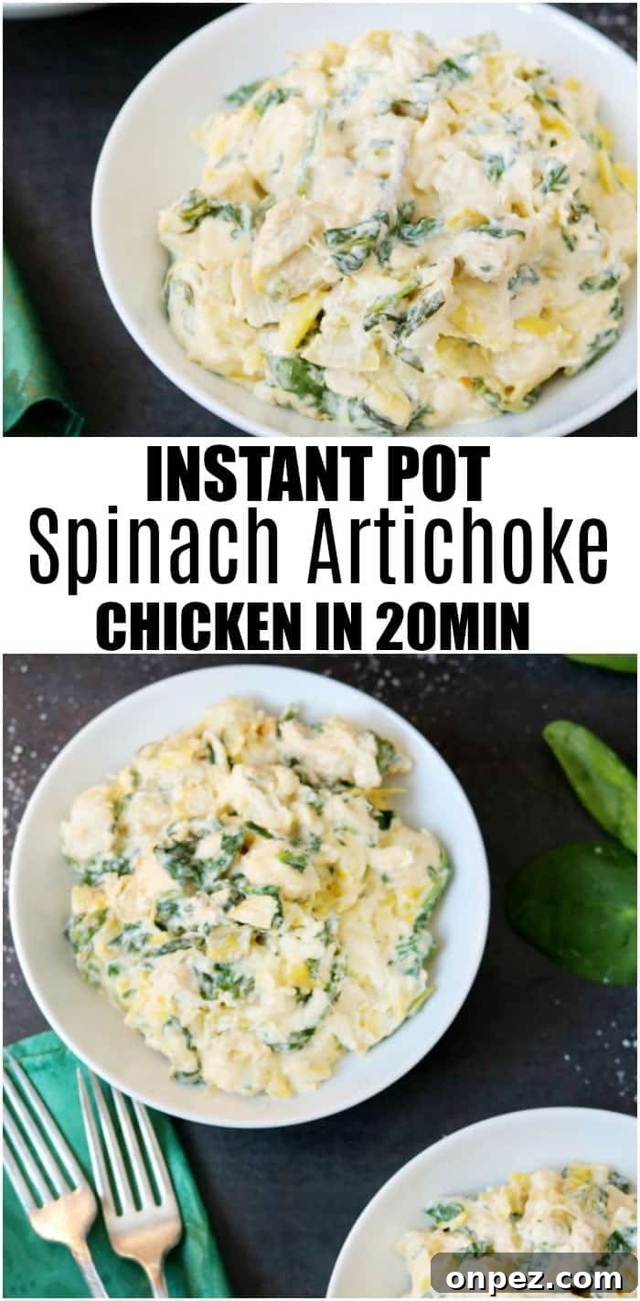 Instant Pot Spinach and Artichoke Chicken 11 Chicken, spinach, and artichoke casserole in white bowl