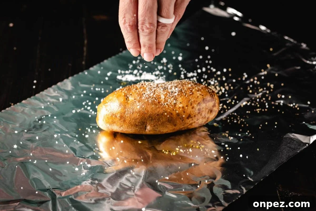 How to Grill Baked Potatoes with Crispy Skin 4 A potato on a sheet of foil wrap, with a hand above sprinkling Kosher salt onto it.