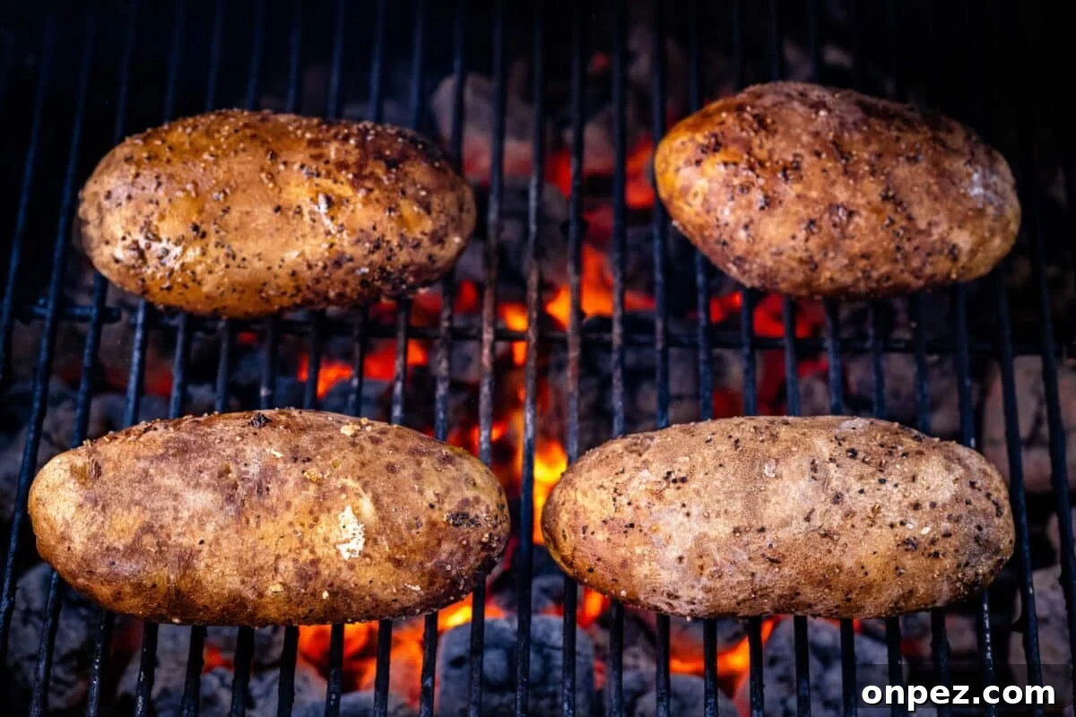 How to Grill Baked Potatoes with Crispy Skin 6 Four baked potatoes on grill grates over hot coals.