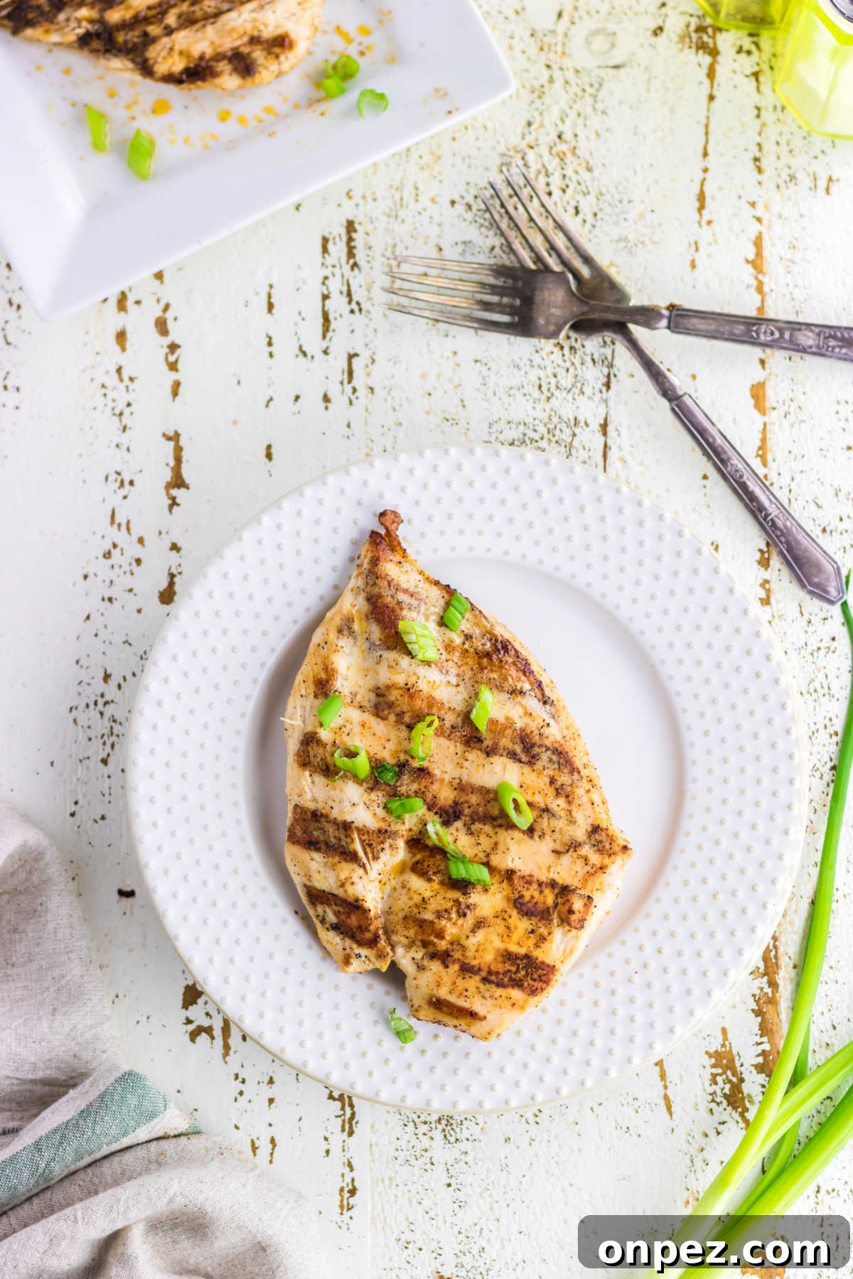 Juicy Cajun Grilled Chicken Breast Recipe 5 Overhead view of the grilled chicken garnished with green onions.