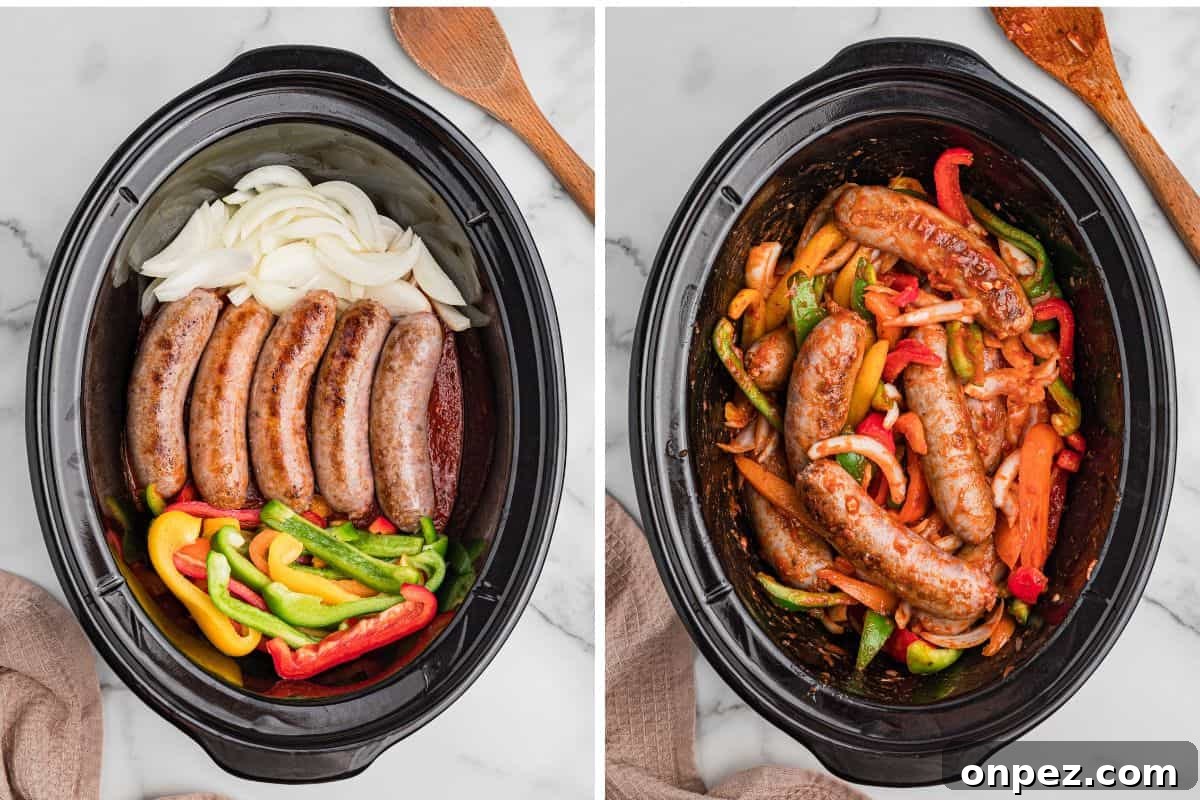 Left image shows a slow cooker with browned sausages, sliced onions, and multicolored bell peppers layered over marinara sauce. Right image shows the same contents after being stirred, with vegetables and sausages coated in sauce.