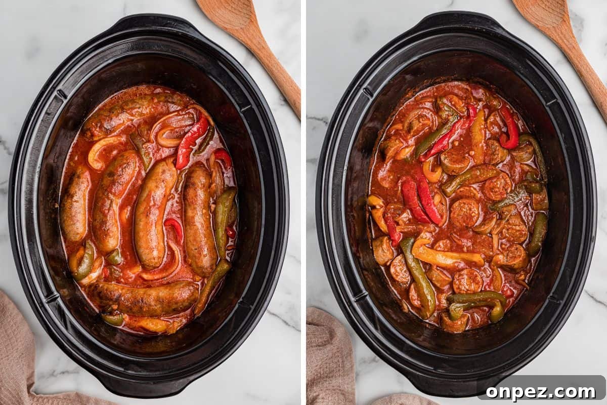Two side-by-side images showing sausage and peppers in a slow cooker before and after slicing.