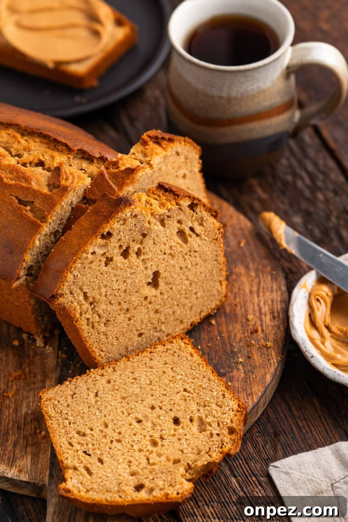 Loaf of Peanut Butter Bread cut into slices