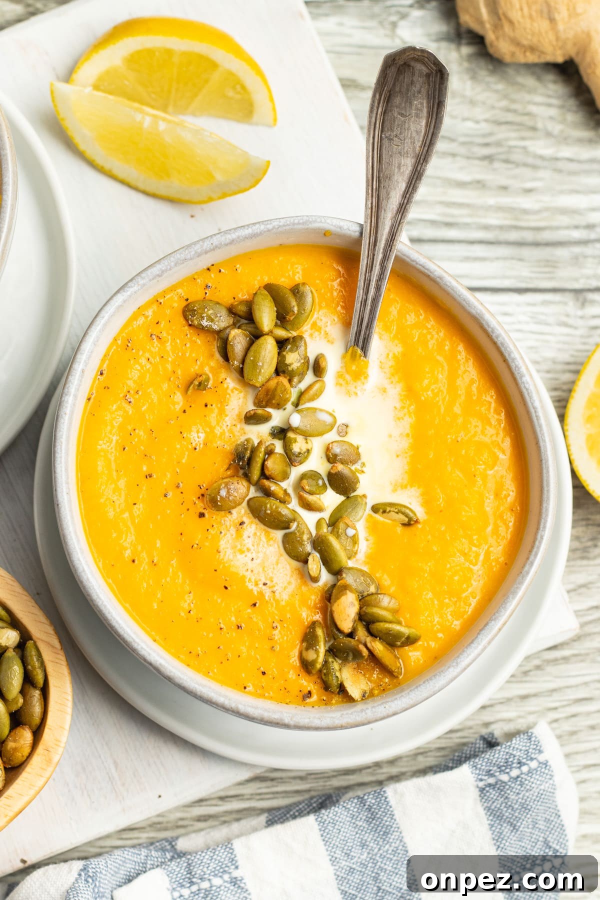 Roasted Carrot and Cauliflower Soup Recipe 2 This is a picture of a bowl of carrot and cauliflower soup.