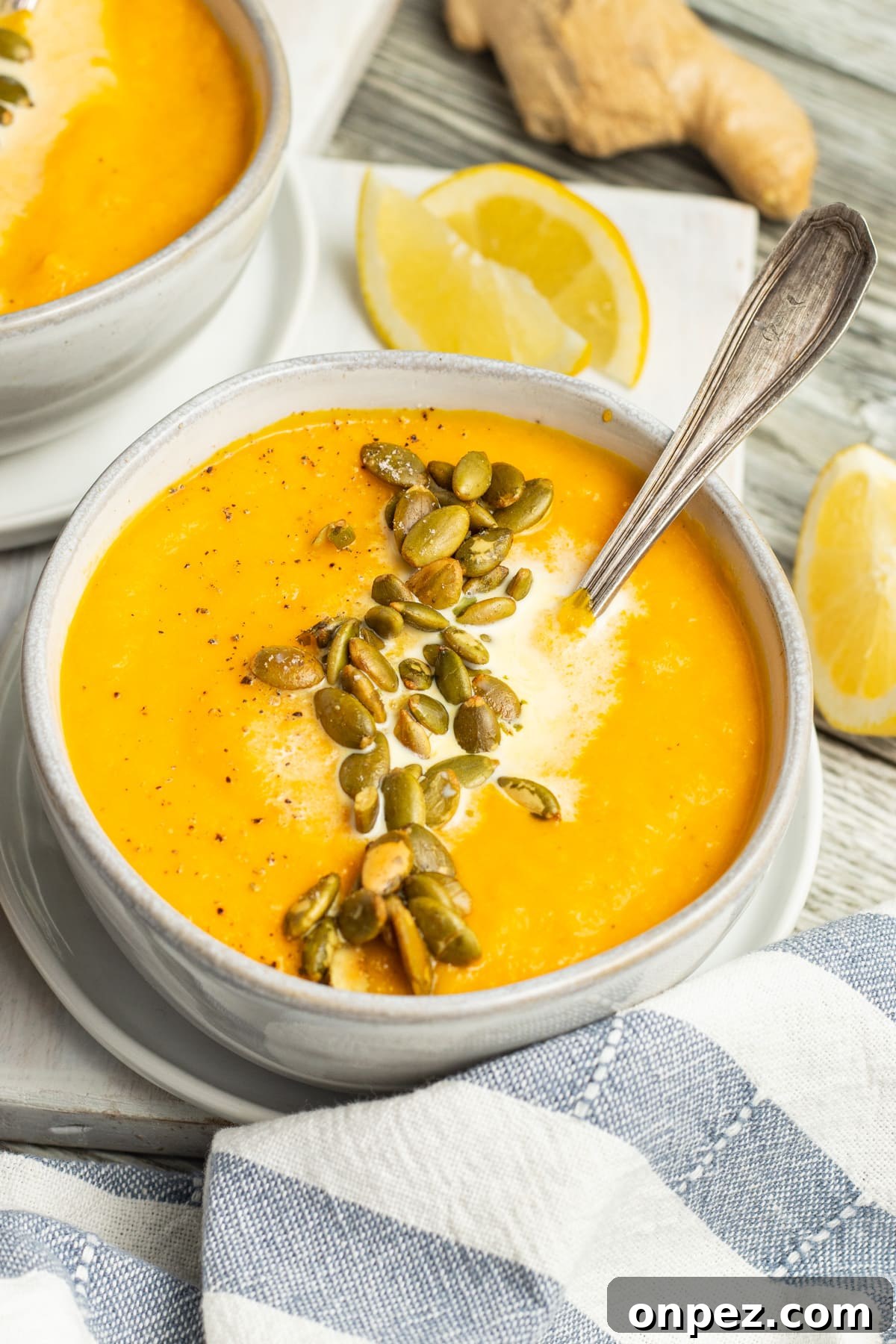 Roasted Carrot and Cauliflower Soup Recipe 12 This is a picture of a bowl of carrot and cauliflower soup.
