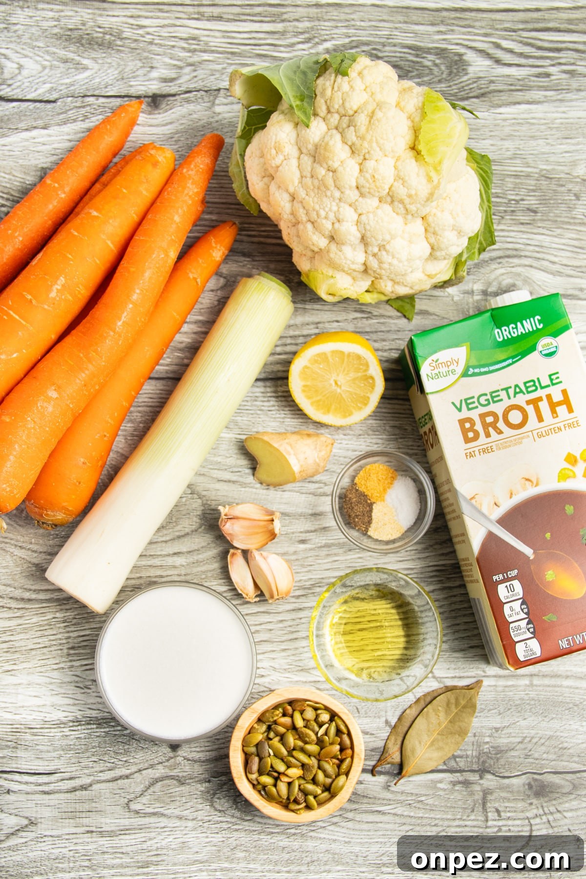 Roasted Carrot and Cauliflower Soup Recipe 3 This is a picture of the ingredients used to make this carrot cauliflower soup.