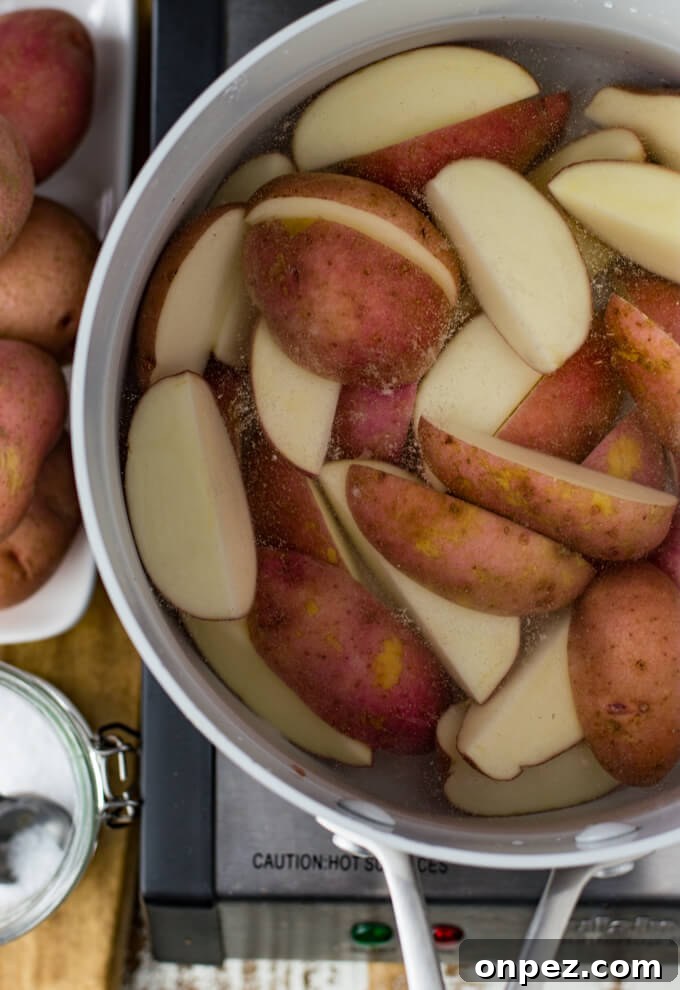 Raw potato wedges sit in a pan and covered with water. Whole potatoes and a jar of salt sit next to the pan.