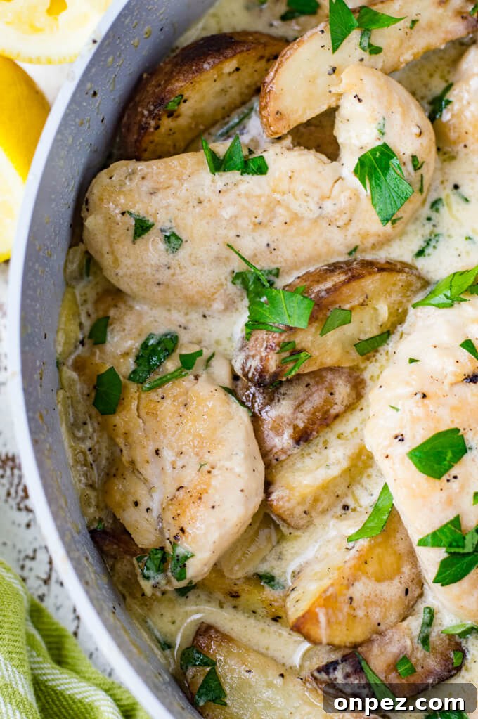 A skillet with chicken tenders and potato wedges in a lemon cream sauce with chopped parsley sprinkled on it.
