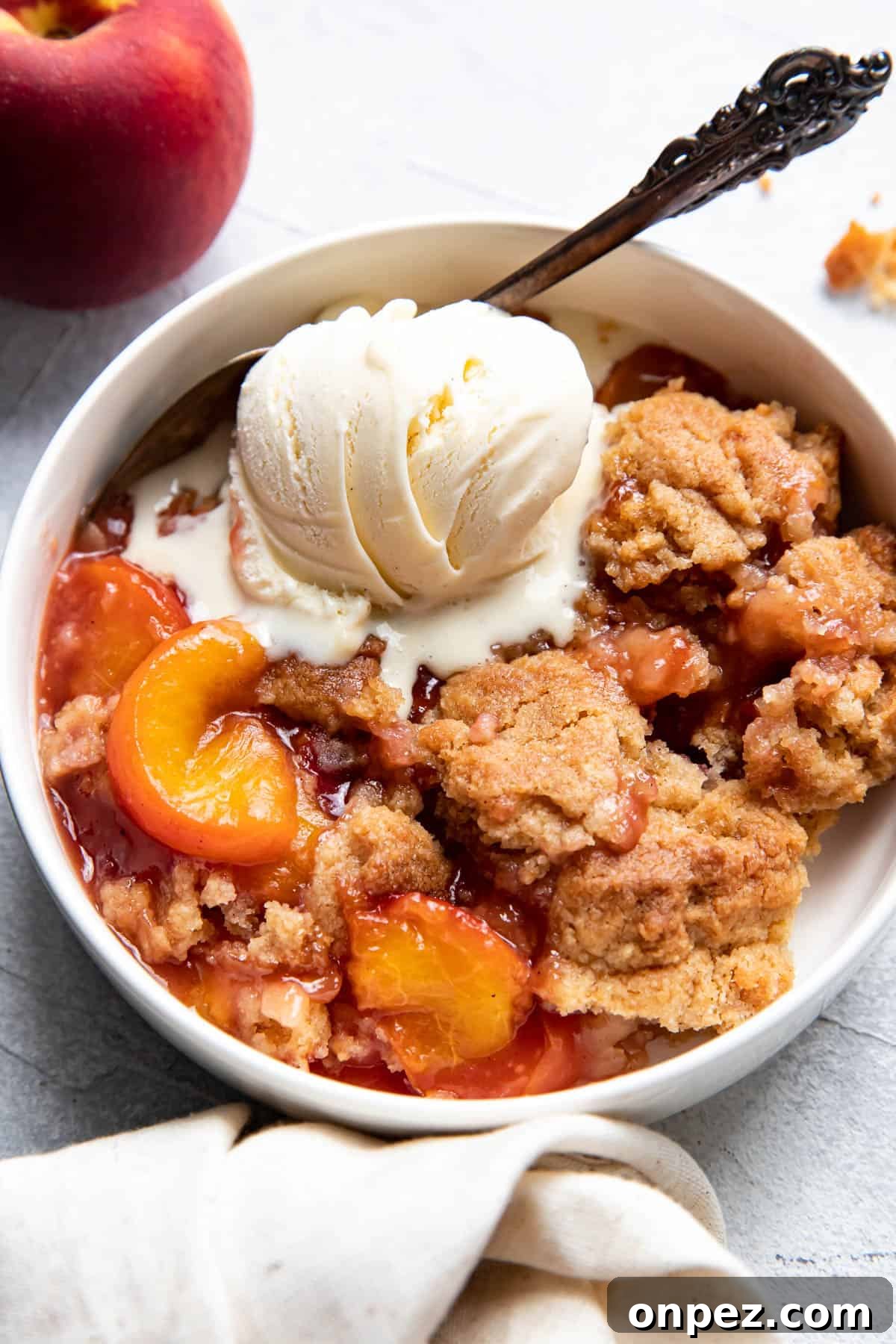 Close-up of peach cobbler topping
