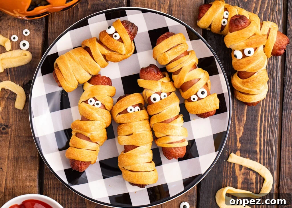Mummy Halloween Hot Dogs on a plate