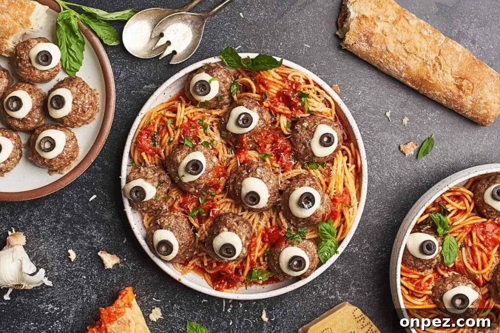 A pot of spaghetti with meatball eyes.