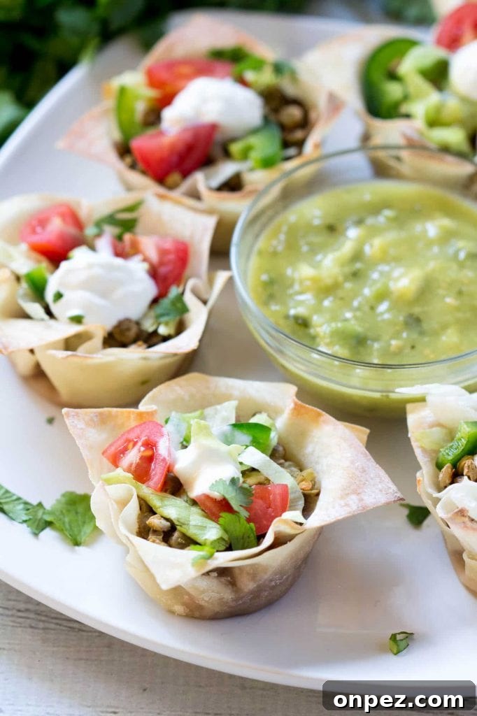 Vegetarian Lentil Won Ton Tacos are a perfect way to include plant based proteins into your diet - perfect as a party appetizer or a light meal with grilled veggies