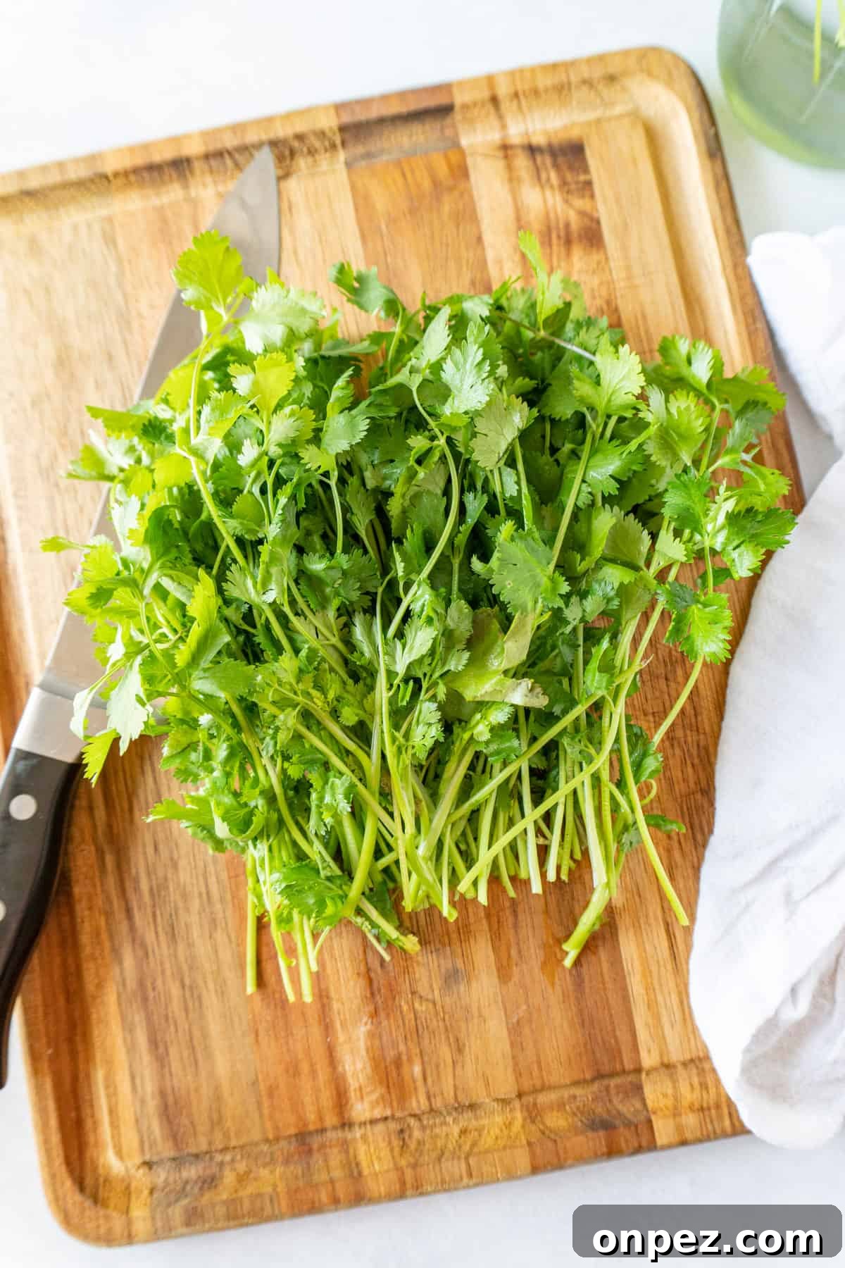 How to Chop Cilantro and Keep It Fresh 3 clilantro bunch on cutting board before being cut